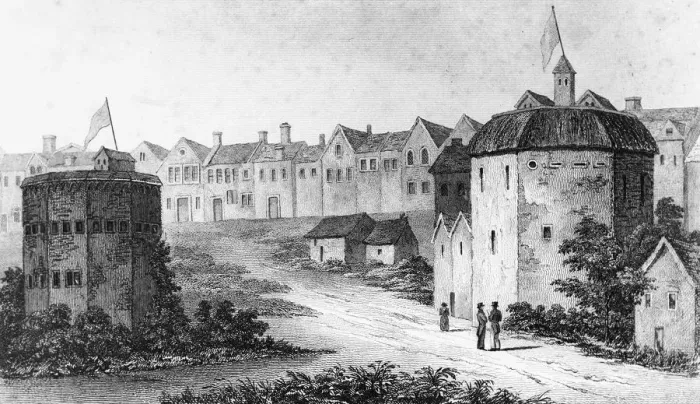 Framed Print : Globe Theatre, Bankside, Southwark (right) and the Bear Garden, c1597 (1825) Framed Print : Globe Theatre, Bankside, Southwark (right) and the Bear Garden, c1597 (1825)