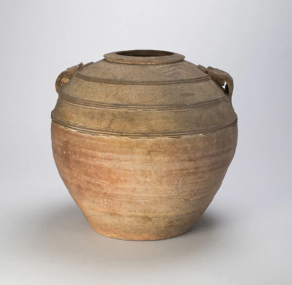 Globular Jar with Relief Cordons and Two Handles, Western Han dynasty, 1st cent B. C