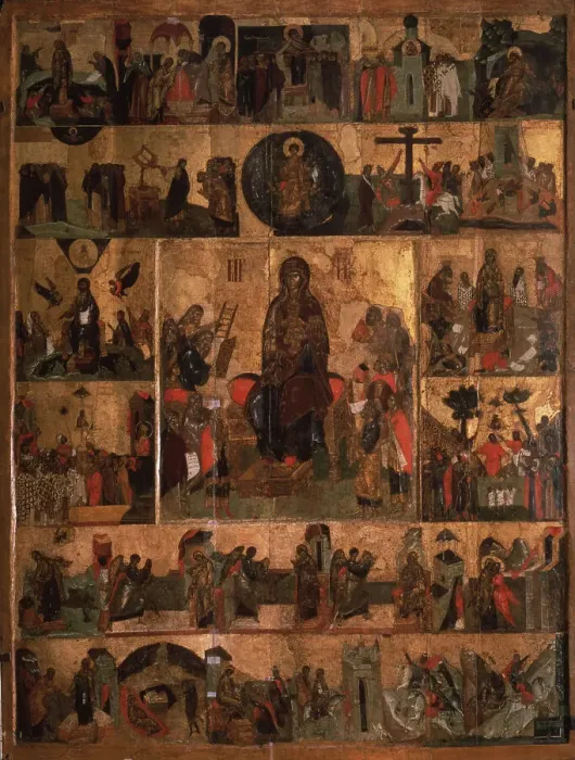 Framed Print : The Glorification of the Virgin (Akathist Hymn to the Most Holy Theotokos), 14th century. Artist: Russian icon Framed Print : The Glorification of the Virgin (Akathist Hymn to the Most Holy Theotokos), 14th century. Artist: Russian icon