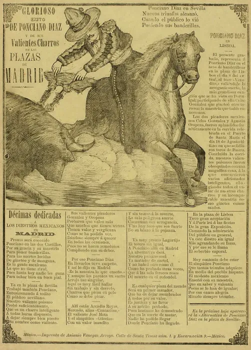 Framed Print : Glorious Success of Ponciano Díaz and His Brave Charros in the Bull Rings of Madrid, 1889. Creator: Manuel Manilla Framed Print : Glorious Success of Ponciano Díaz and His Brave Charros in the Bull Rings of Madrid, 1889. Creator: Manuel Manilla