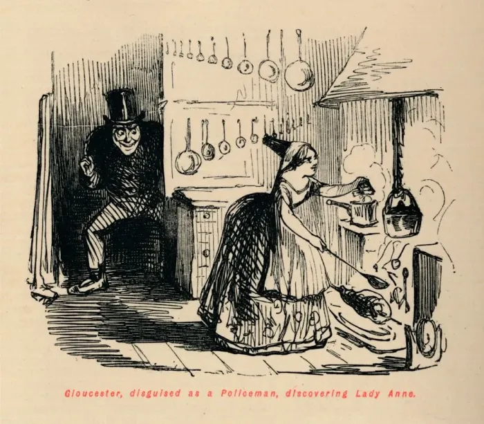 Framed Print : Gloucester, disguised as a Policeman, discovering Lady Anne. Artist: John Leech Framed Print : Gloucester, disguised as a Policeman, discovering Lady Anne. Artist: John Leech