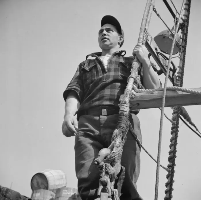 Framed Print : Gloucester fisherman standing in the rigging of a New England fishing boat, New York, 1943. Creator: Gordon Parks Framed Print : Gloucester fisherman standing in the rigging of a New England fishing boat, New York, 1943. Creator: Gordon Parks