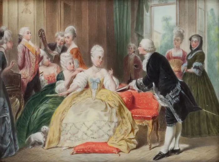 Framed Print : Gluck hands Queen Marie Antoinette the score of his first opera, c1770s. Creator: Unknown Framed Print : Gluck hands Queen Marie Antoinette the score of his first opera, c1770s. Creator: Unknown