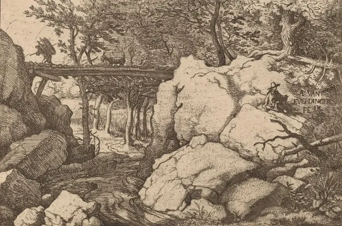 Framed Print : Goat on a small Bridge, probably c. 1645 / 1656. Creator: Allart van Everdingen Framed Print : Goat on a small Bridge, probably c. 1645 / 1656. Creator: Allart van Everdingen