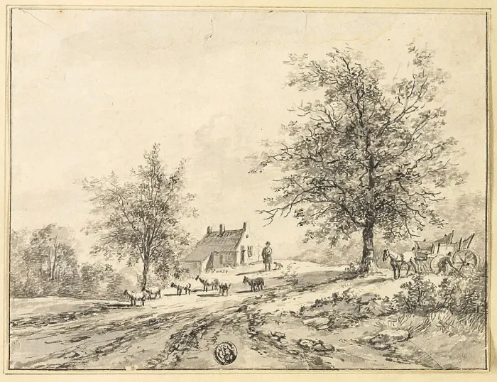 Framed Print : Goatherd, Goats on Road near Carriage and House, n.d. Creator: Bruno van Straaten Framed Print : Goatherd, Goats on Road near Carriage and House, n.d. Creator: Bruno van Straaten
