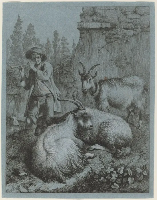 Framed Print : Goatherd Piping to Four Goats. Creator: Francesco Londonio Framed Print : Goatherd Piping to Four Goats. Creator: Francesco Londonio