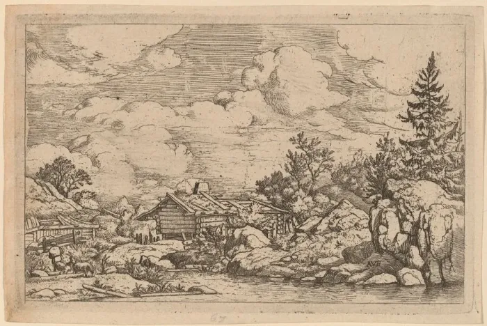 Framed Print : Three Goats at the River, probably c. 1645 / 1656. Creator: Allart van Everdingen Framed Print : Three Goats at the River, probably c. 1645 / 1656. Creator: Allart van Everdingen