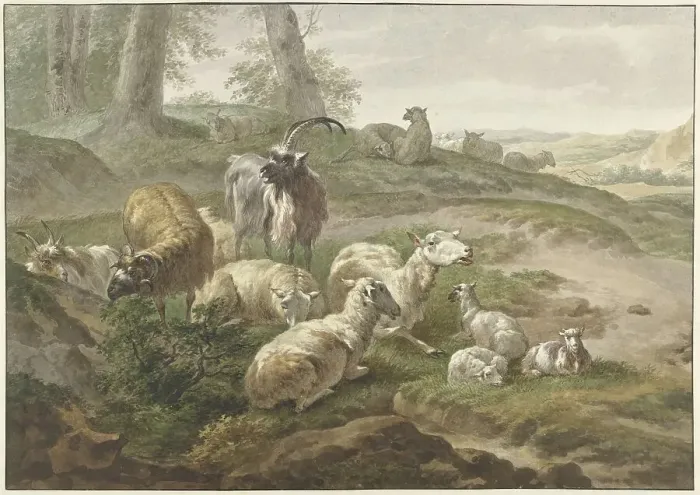 Framed Print : Goats and sheep in a hilly landscape, 1754-1831. Creator: Wybrand Hendriks Framed Print : Goats and sheep in a hilly landscape, 1754-1831. Creator: Wybrand Hendriks