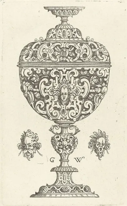 Framed Print : Goblet decorated with a masque with open mouth, published 1579. Creator: Georg Wechter I Framed Print : Goblet decorated with a masque with open mouth, published 1579. Creator: Georg Wechter I