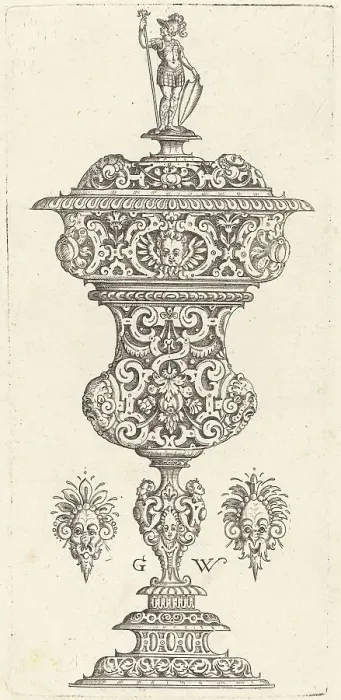 Framed Print : Goblet with lid surmounted by a Roman soldier, published 1579. Creator: Georg Wechter I Framed Print : Goblet with lid surmounted by a Roman soldier, published 1579. Creator: Georg Wechter I