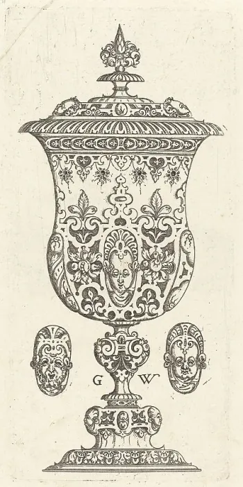 Framed Print : Goblet with two Masques on lid, published 1579. Creator: Georg Wechter I Framed Print : Goblet with two Masques on lid, published 1579. Creator: Georg Wechter I