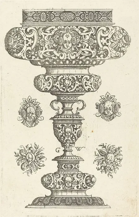 Framed Print : Goblet, rim decorated with masque and bouquet of fruit, published 1579. Creator: Georg Wechter I Framed Print : Goblet, rim decorated with masque and bouquet of fruit, published 1579. Creator: Georg Wechter I