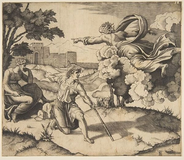 God appearing to Isaac; God floating in clouds pointing toward Rebecca seated under