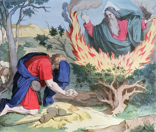 God appears to Moses in a burning bramble, engraving, 1860