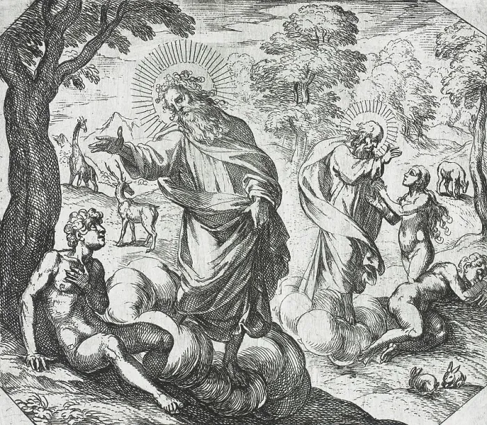 Framed Print : God Creating Adam and Eve, c1600. Creator: Antonio Tempesta Framed Print : God Creating Adam and Eve, c1600. Creator: Antonio Tempesta