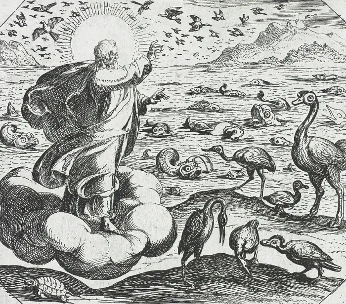 Framed Print : God Creating the Birds and the Fish, c1600. Creator: Antonio Tempesta Framed Print : God Creating the Birds and the Fish, c1600. Creator: Antonio Tempesta