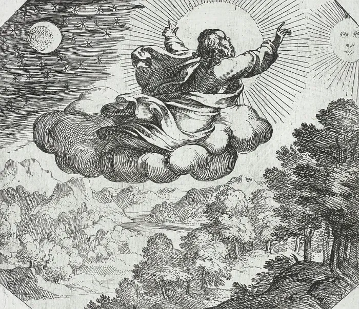 Framed Print : God Creating the Sun, the Moon, and the Stars, c1600. Creator: Antonio Tempesta Framed Print : God Creating the Sun, the Moon, and the Stars, c1600. Creator: Antonio Tempesta