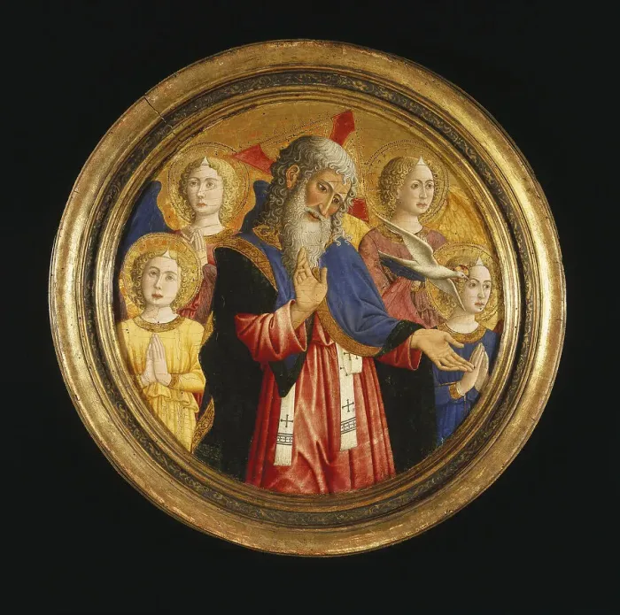 Framed Print : God the Father with Four Angels and the Dove of the Holy Spirit, ca 1460. Artist: Giovanni Francesco da Rimini (1420-1469)