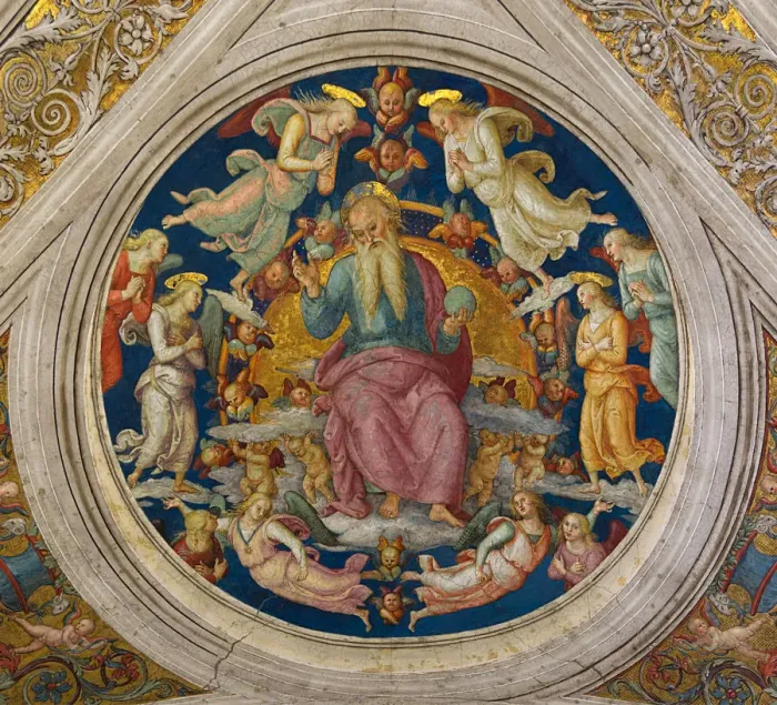 Framed Print : God the Father with Angels (From the Stanza dell incendio di Borgo). Artist: Perugino (ca. 1450-1523) Framed Print : God the Father with Angels (From the Stanza dell incendio di Borgo). Artist: Perugino (ca. 1450-1523)