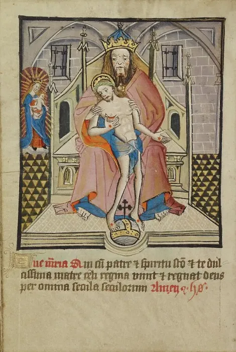Framed Print : God the Father and Son with the Virgin; Illustrated Vita Christi... about 1480-1490. Creator: Unknown Framed Print : God the Father and Son with the Virgin; Illustrated Vita Christi... about 1480-1490. Creator: Unknown