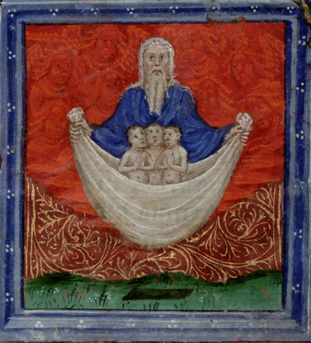 Framed Print : God the Father with three souls, being raised from the dead (Book of Hours), c. 1410. Artist: Scheerre, Herman (active c. 1405-1425)