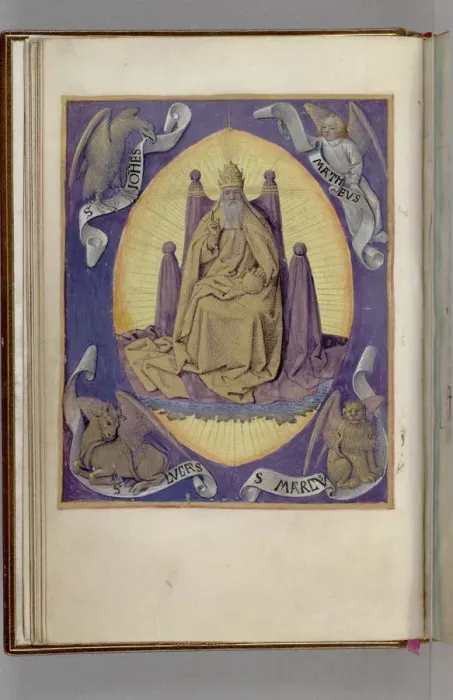 Framed Print : God the Father with symbols of the four Evangelists in the corners. (Book of Hours), 1450-1499. Artist: Fouquet, Jean (workshop) Framed Print : God the Father with symbols of the four Evangelists in the corners. (Book of Hours), 1450-1499. Artist: Fouquet, Jean (workshop)