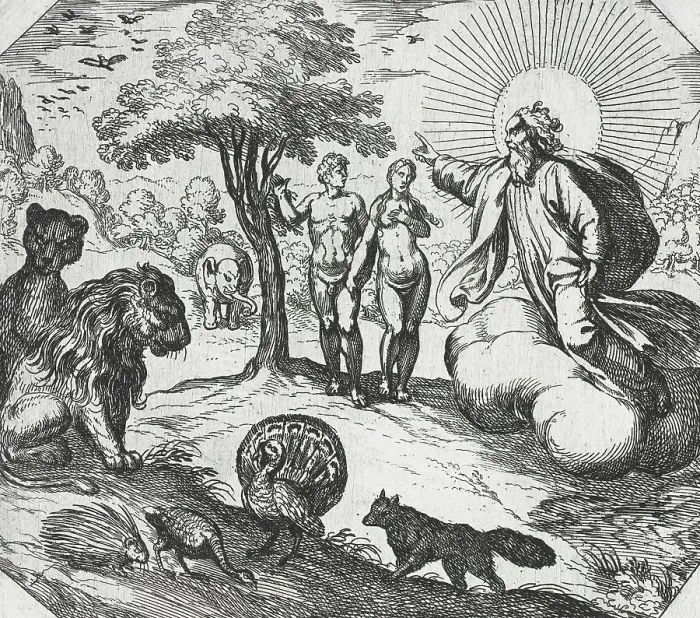 Framed Print : God Forbidding Adam and Eve to Eat of the Tree of Knowledge, 16th century. Creator: Antonio Tempesta Framed Print : God Forbidding Adam and Eve to Eat of the Tree of Knowledge, 16th century. Creator: Antonio Tempesta