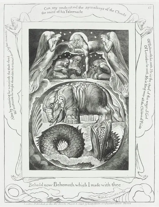 Framed Print : God Pointing out Behemoth...and Leviathan, 1825. Creator: William Blake