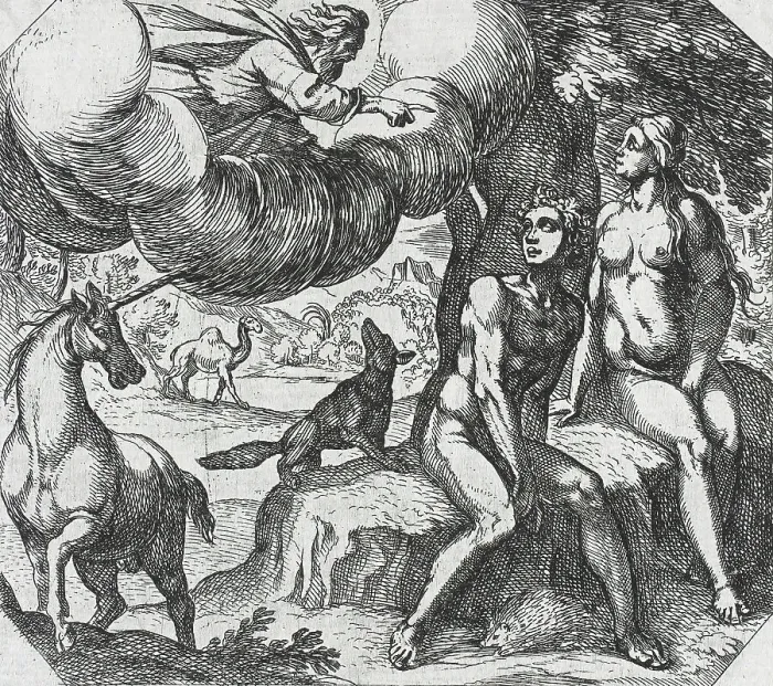 Framed Print : God Reproaching Adam and Eve for Their Disobedience, 16th century. Creator: Antonio Tempesta Framed Print : God Reproaching Adam and Eve for Their Disobedience, 16th century. Creator: Antonio Tempesta