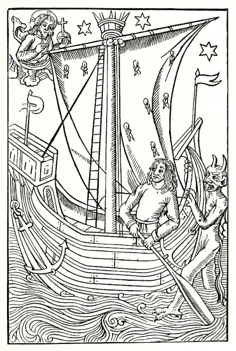 Framed Print : God and Satan vying for the soul of man, who is navigating the ocean of vices, c1490, (1896). Creator: Unknown Framed Print : God and Satan vying for the soul of man, who is navigating the ocean of vices, c1490, (1896). Creator: Unknown