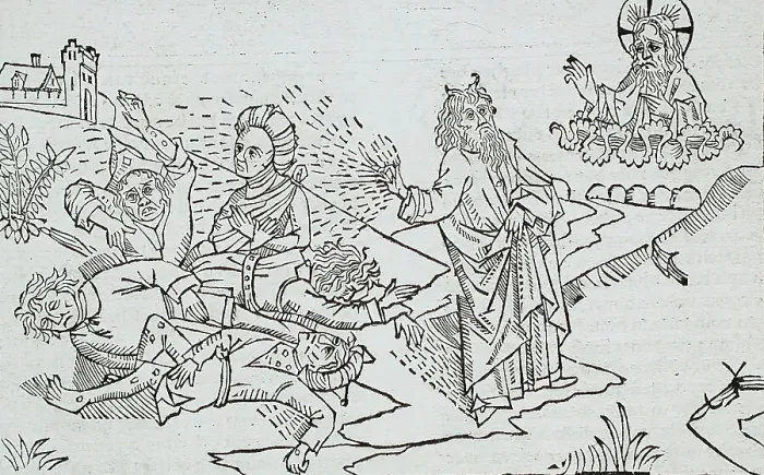 Framed Print : God Sends the Flies to Egypt (recto); God Sends Boils to Egypt (verso), published 1483. Creator: Unknown Framed Print : God Sends the Flies to Egypt (recto); God Sends Boils to Egypt (verso), published 1483. Creator: Unknown