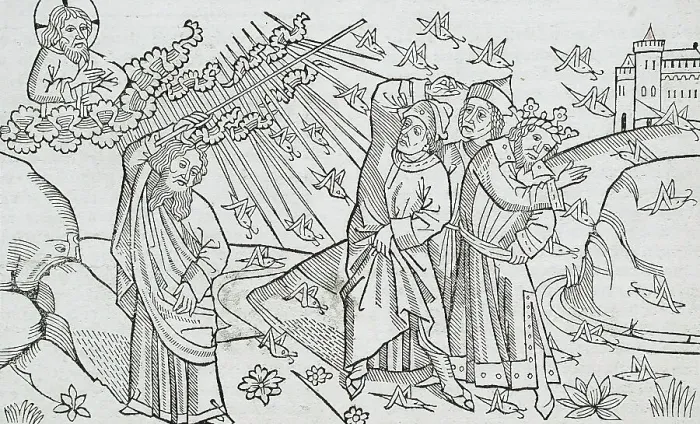 Framed Print : God Sends the Locusts to Egypt (recto); God Sends Hail to Egypt (verso), published 1483. Creator: Unknown Framed Print : God Sends the Locusts to Egypt (recto); God Sends Hail to Egypt (verso), published 1483. Creator: Unknown