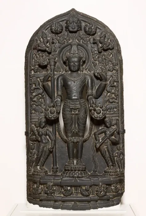 Framed Print : God Vishnu with Goddesses Lakshmi and Sarasvati, Pala period, 10th / 12th century. Creator: Unknown Framed Print : God Vishnu with Goddesses Lakshmi and Sarasvati, Pala period, 10th / 12th century. Creator: Unknown