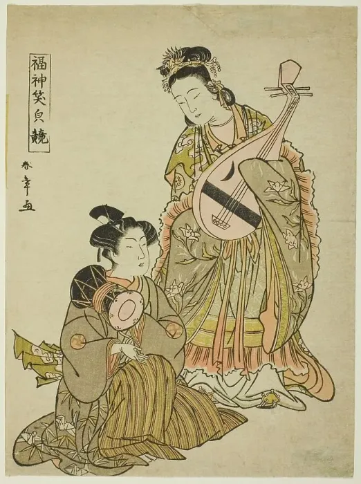 Framed Print : The Goddess Benten Holding a Biwa and a Young Man Holding a Shoulder Drum... late 1780s. Creator: Shunsho Framed Print : The Goddess Benten Holding a Biwa and a Young Man Holding a Shoulder Drum... late 1780s. Creator: Shunsho