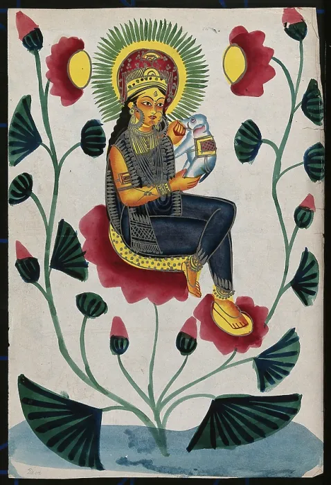Framed Print : A goddess on a flowering plant holding a baby elephant, could either be Lakshmi or Parvati. Creator: Unknown Framed Print : A goddess on a flowering plant holding a baby elephant, could either be Lakshmi or Parvati. Creator: Unknown