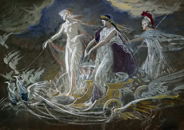 Framed Print : Three goddesses (allegorical study), late 19th century. Creator: Walter Crane Framed Print : Three goddesses (allegorical study), late 19th century. Creator: Walter Crane