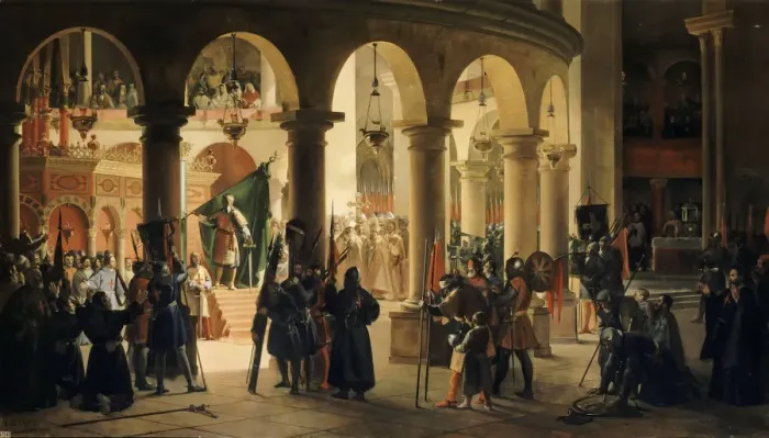 Framed Print : Godefroy de Bouillon deposits in the church of the Holy Sepulchre the Trophies of Ascalon. Artist: Granet, Francois Marius (1775-1849) Framed Print : Godefroy de Bouillon deposits in the church of the Holy Sepulchre the Trophies of Ascalon. Artist: Granet, Francois Marius (1775-1849)