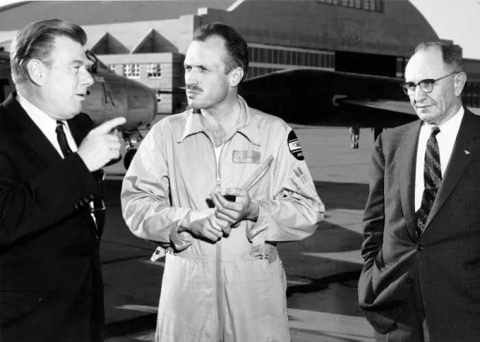 Framed Print : Godfrey, Cooper and DeFrance on the Ramp, 1948. Creator: NASA Framed Print : Godfrey, Cooper and DeFrance on the Ramp, 1948. Creator: NASA