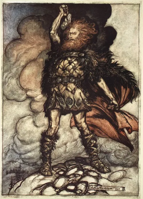 Framed Print : One of the Gods, Donner, summons the mist away, 1910. Artist: Arthur Rackham Framed Print : One of the Gods, Donner, summons the mist away, 1910. Artist: Arthur Rackham
