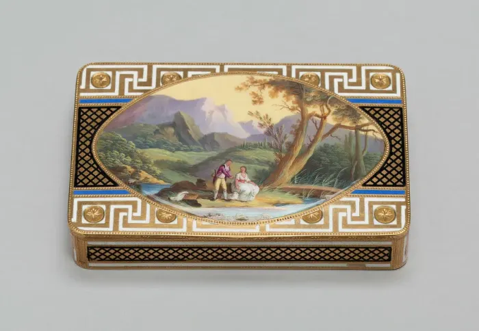Framed Print : Gold Box with a Scene of Two Figures in a Landscape, Switzerland, c. 1800 / 10 Framed Print : Gold Box with a Scene of Two Figures in a Landscape, Switzerland, c. 1800 / 10