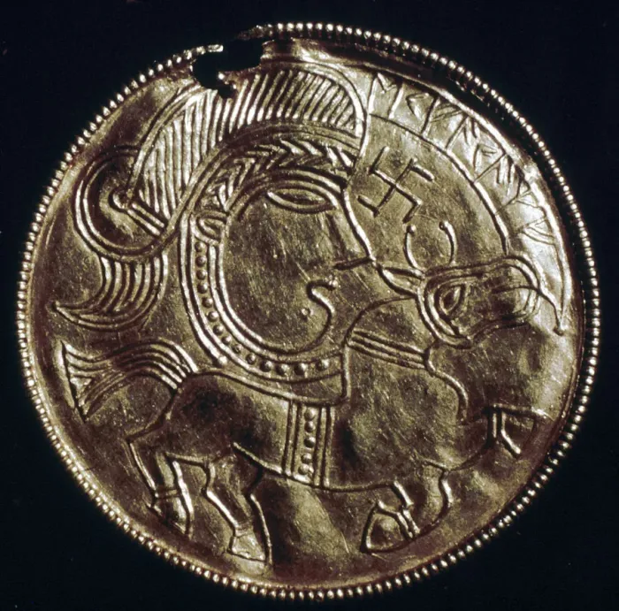 Framed Print : Gold bracteate, Germanic Iron Age, Denmark, c500 Framed Print : Gold bracteate, Germanic Iron Age, Denmark, c500