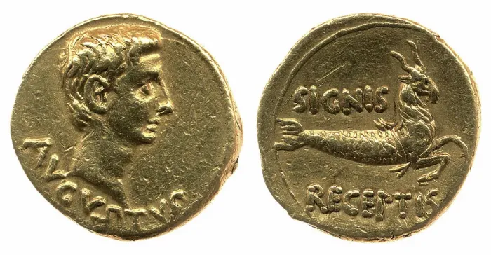 Framed Print : Gold coin of Augustus (Octavian). Head of Augustus (obverse), Capricorn (reverse), 19 BC-18 BC. Creator: Numismatic, Ancient Coins Framed Print : Gold coin of Augustus (Octavian). Head of Augustus (obverse), Capricorn (reverse), 19 BC-18 BC. Creator: Numismatic, Ancient Coins