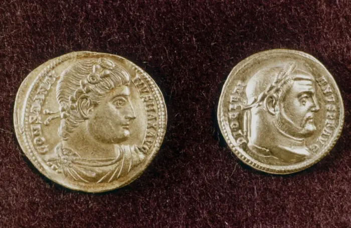 Framed Print : Gold coins showing heads of Roman Emperors Constantine the Great and Diocletian, 4th century Framed Print : Gold coins showing heads of Roman Emperors Constantine the Great and Diocletian, 4th century