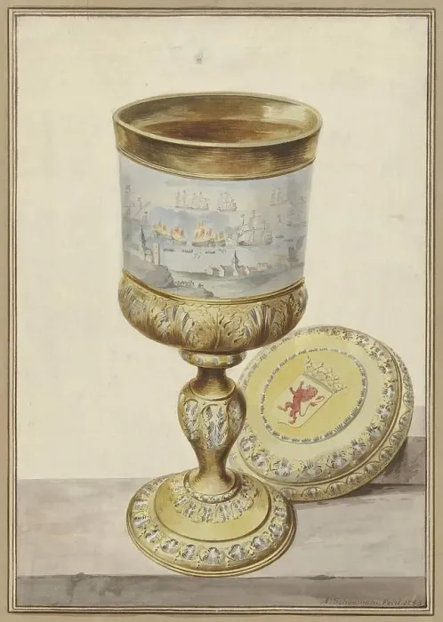 Framed Print : Gold cup with lid, given to Cornelis de Witt on the occasion of the journey to Chatham, 1667, 1748. Creator: Aert Schouman Framed Print : Gold cup with lid, given to Cornelis de Witt on the occasion of the journey to Chatham, 1667, 1748. Creator: Aert Schouman