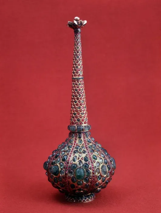Framed Print : Gold and enamel flask with emeralds, Indian, 17th century Framed Print : Gold and enamel flask with emeralds, Indian, 17th century