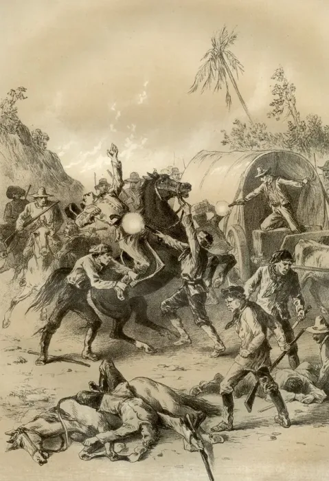 Framed Print : Gold escort attacked by bushrangers, Australia, 1879. Artist: McFarlane and Erskine Framed Print : Gold escort attacked by bushrangers, Australia, 1879. Artist: McFarlane and Erskine