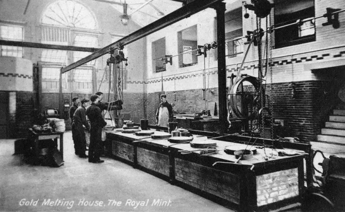Framed Print : Gold Melting House, the Royal Mint, Tower Hill, London, early 20th century Framed Print : Gold Melting House, the Royal Mint, Tower Hill, London, early 20th century