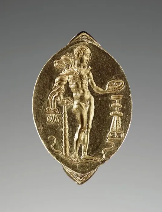 Framed Print : Gold Ring with Herakles Pouring a Libation, about 400 BC. Creator: Unknown
