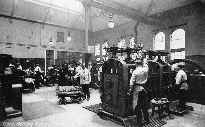 Framed Print : The Gold Rolling Room, the Royal Mint, Tower Hill, London, early 20th century Framed Print : The Gold Rolling Room, the Royal Mint, Tower Hill, London, early 20th century