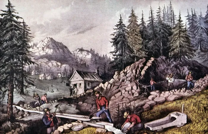 Framed Print : The Gold Rush (1848), gold mine in California, near Sutters Mill, engraving, 1870 Framed Print : The Gold Rush (1848), gold mine in California, near Sutters Mill, engraving, 1870